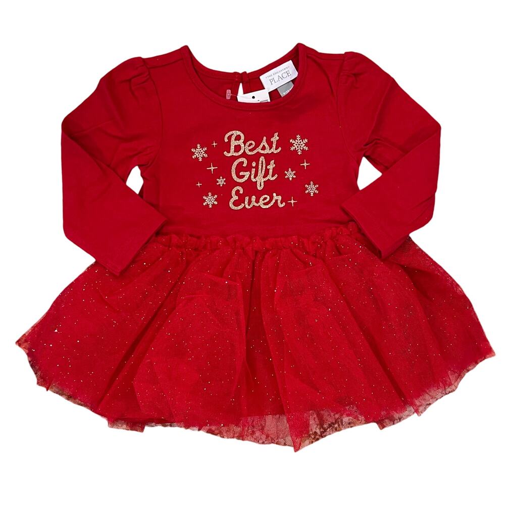 NWT Children's Place Red Glitter "Best Gift Ever" Christmas Tutu Dress -6-9M